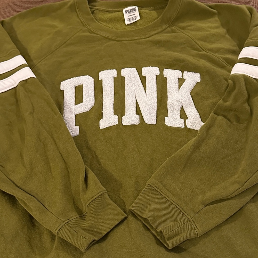 PINK Victoria's Secret Army Green Sweatshirt with White Logo